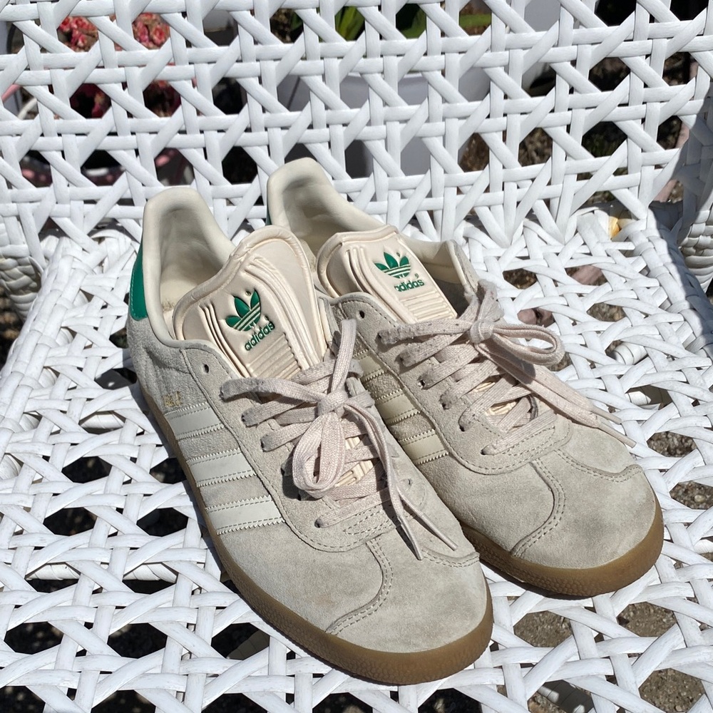 adidas beige suede sneakers with green logo accent